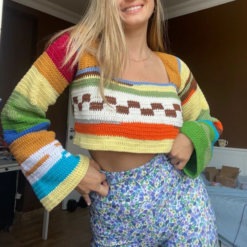 Rainbow Color Block Crochet Knitted Crop Long Sleeve Hollow Out