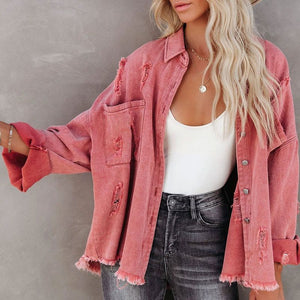 Relaxed Fit Ripped High Low Hemline Cotton Distressed Denim Jacket ...