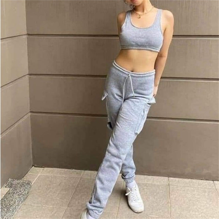 Sporty Crop Top and Pocket Detail Jogger Tracksuit Pant Set – sunifty