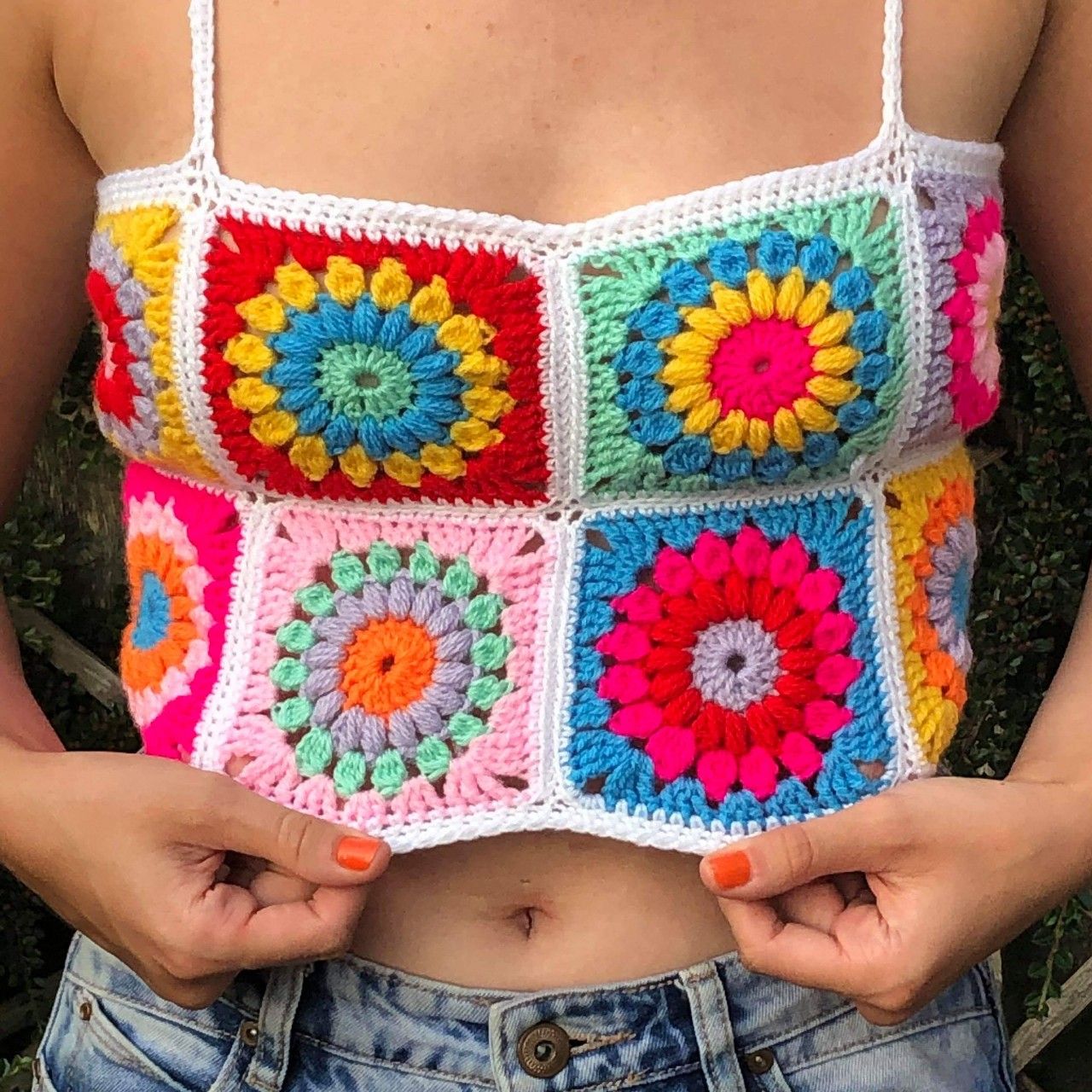 Bohemian Rainbow Crochet Flower Crop Top Rhombus Knitted Pattern Tank