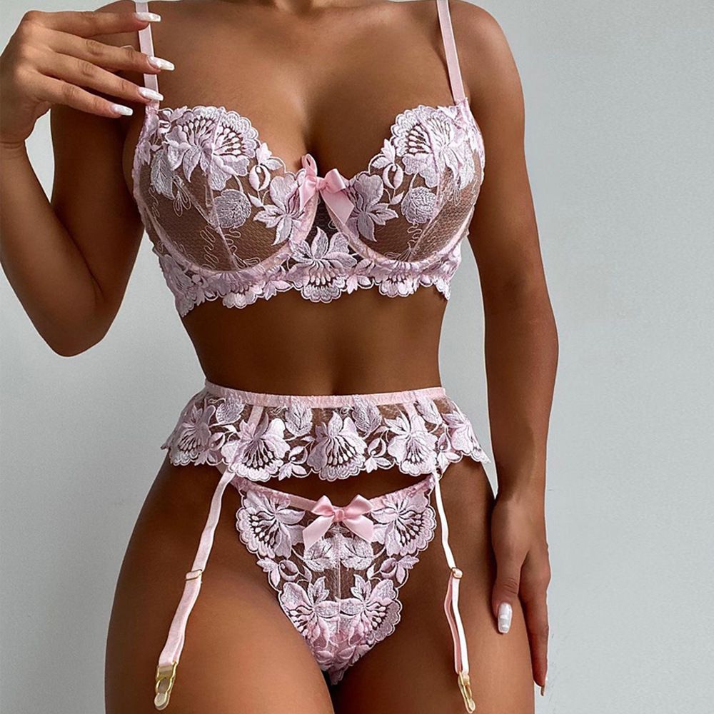 Floral Embroidered Mesh Three-Piece Lingerie Set