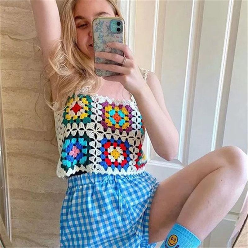 Bohemian Rainbow Crochet Flower Crop Top Rhombus Knitted Pattern Cami Tank