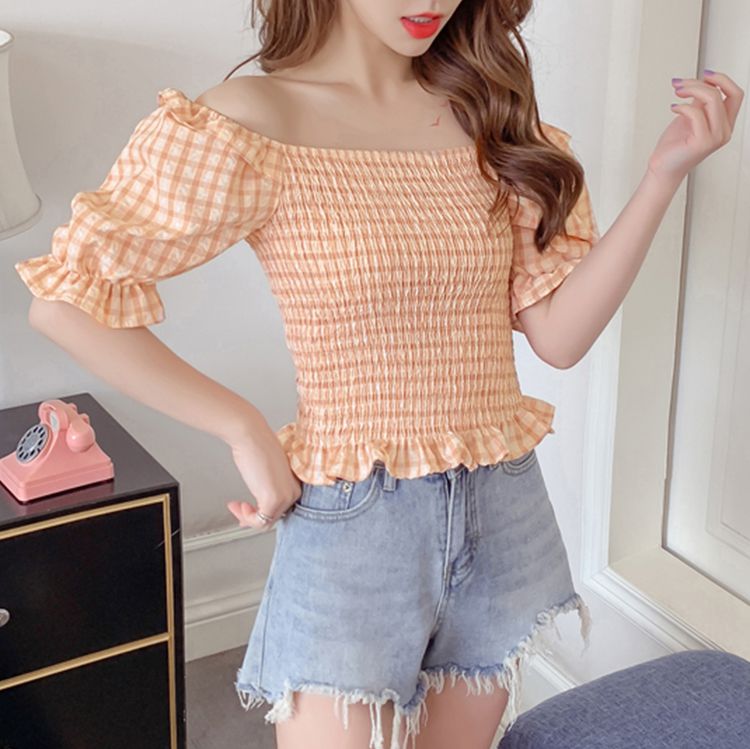 Gingham Checked Ruffle Hem Shirred Crop Top Blouse – sunifty
