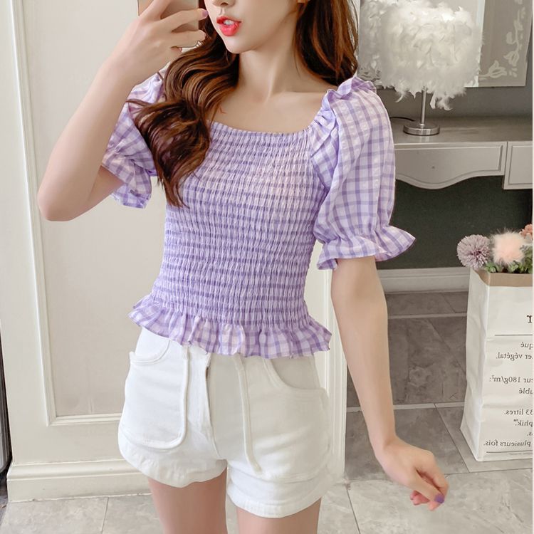 Gingham Checked Ruffle Hem Shirred Crop Top Blouse