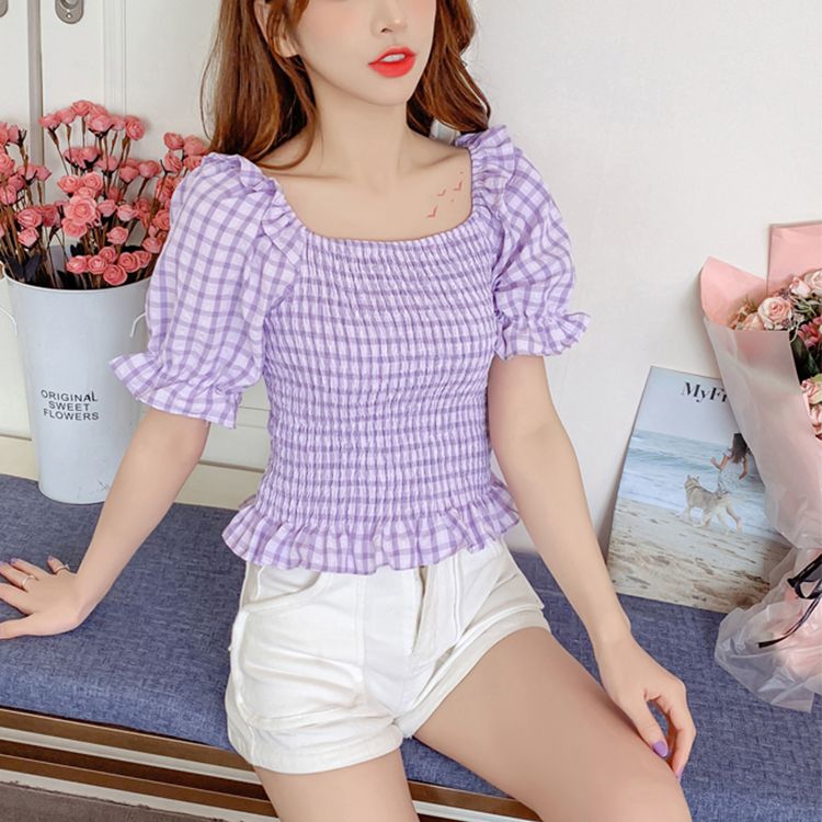 Gingham Checked Ruffle Hem Shirred Crop Top Blouse