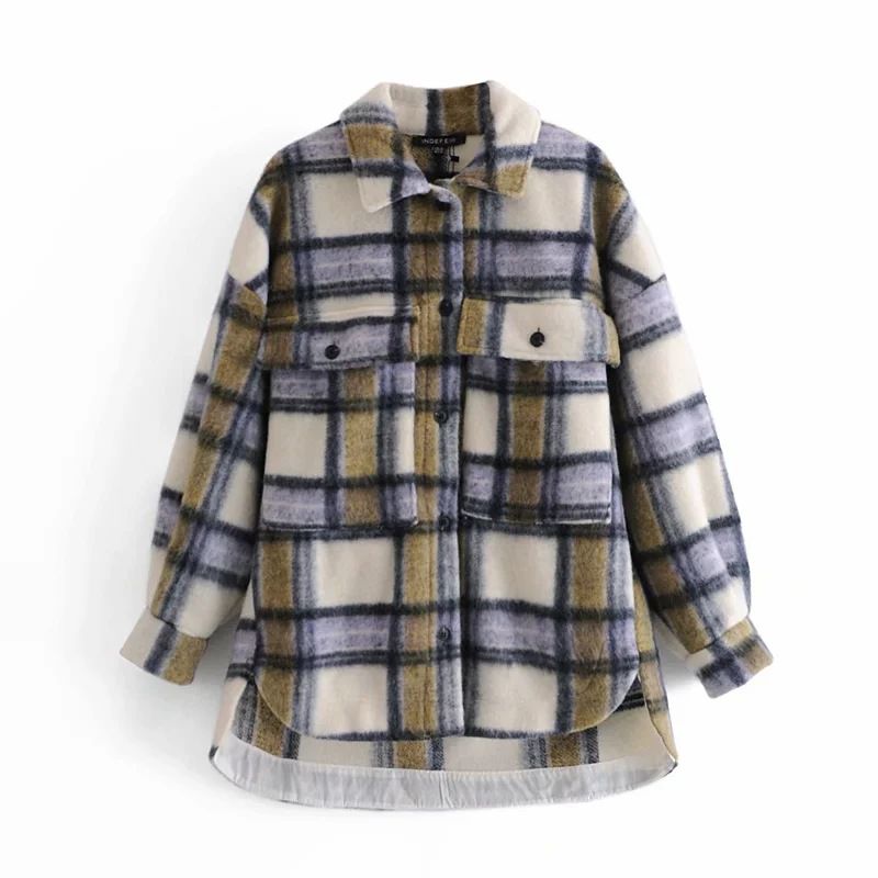 Checked Collared Overshirt Patch Pocket Wool Blend Tweed Jacket – sunifty