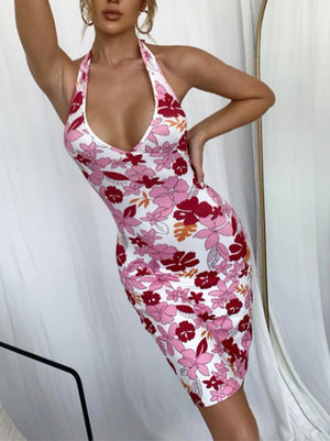 Women Floral Ribbed Bodycon Dress - Pinkshop
