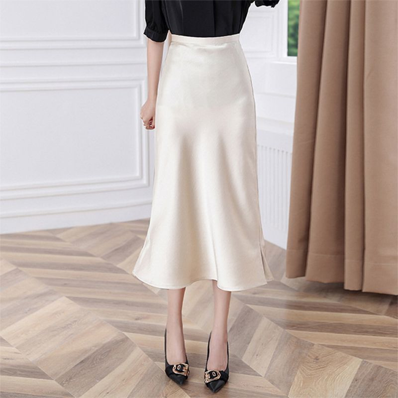 High Waisted Trumpet Hem Flare High Rise Satin Midi Skirt For Thick Th –  sunifty