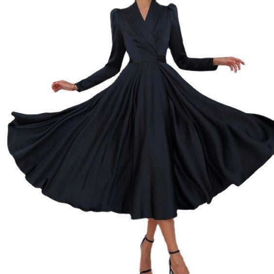 Simple Lapel Collar Long Puff Sleeve Flowy Midi Dress