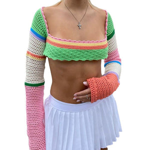 Rainbow Color Block Crochet Knitted Crop Long Sleeve Hollow Out Knit B –  sunifty