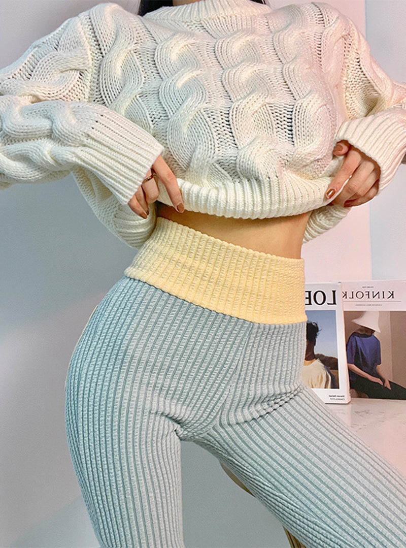 Color Block Ribbed Cropped Cardigan And Striped Lounge Pants Set – sunifty