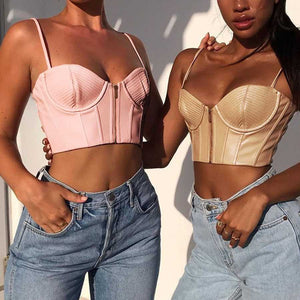 Spaghetti Straps Push Up Faux Leather Bustier Crop Top Bra
