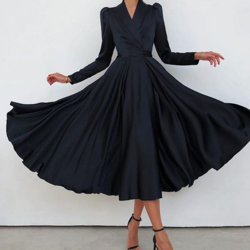 Simple Lapel Collar Long Puff Sleeve Flowy Midi Dress