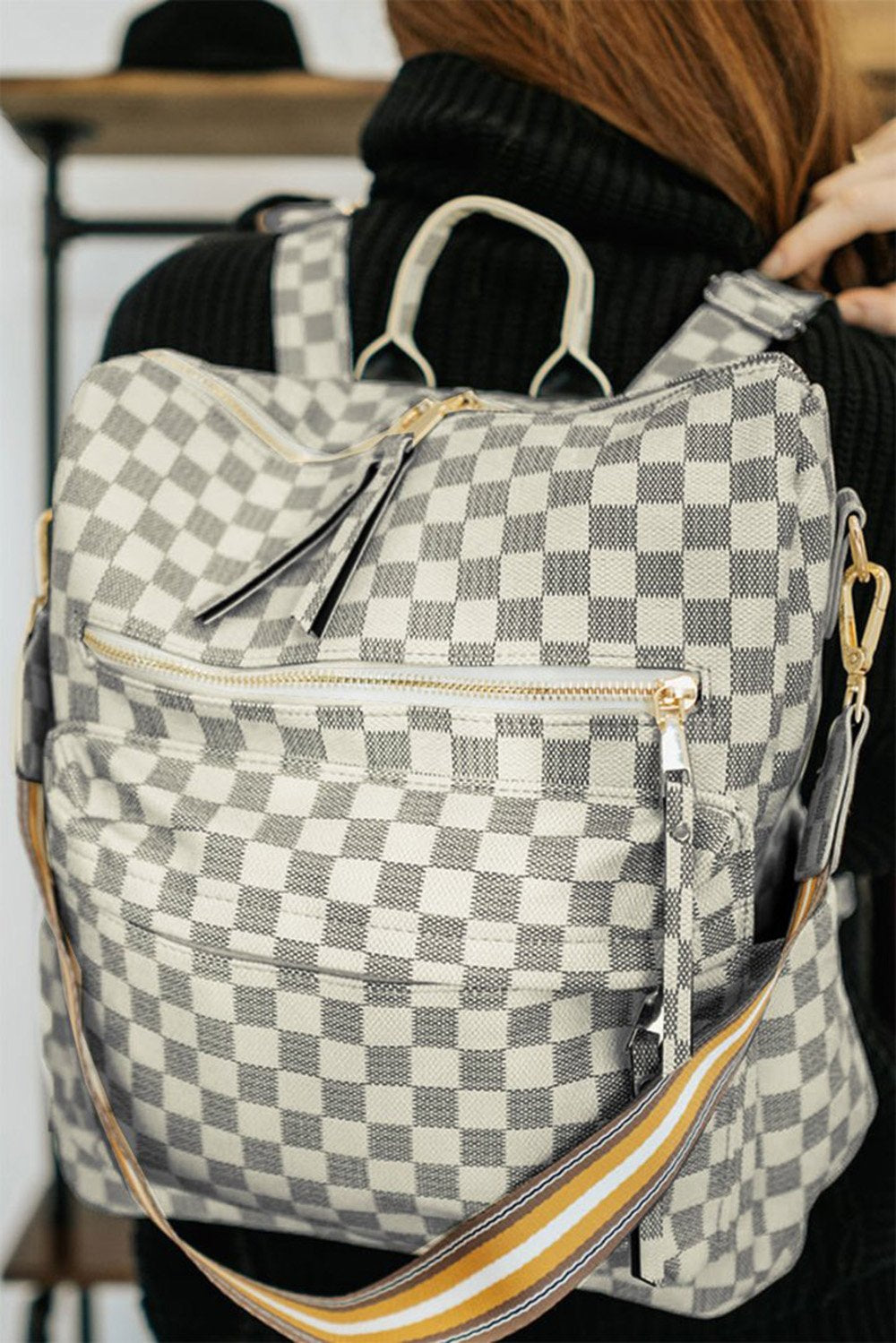 White and Grey Checkered Backpack  White leather backpack, Women leather  backpack, Leather backpack purse