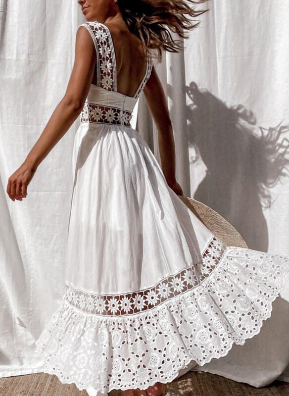 Broderie Anglaise Contrast Lace Dress With Patchwork Frilly Thick