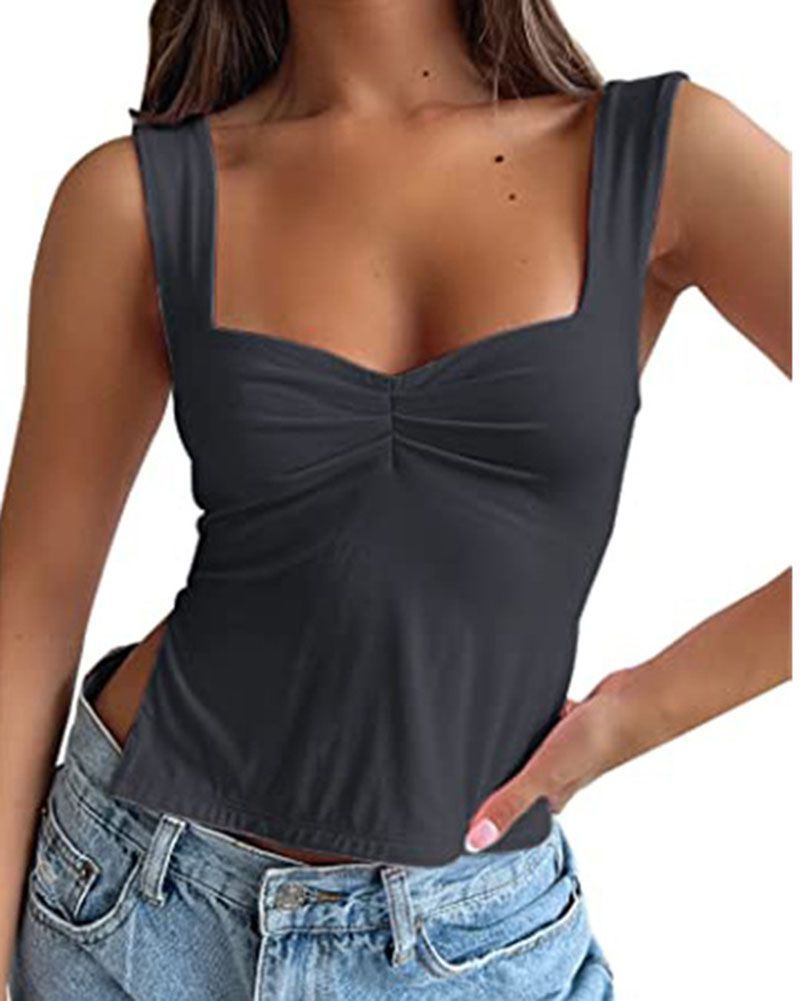 Women¡¯s Fitted Shirred Sweetheart Neck Sleeveless Basic Tank Top With –  sunifty