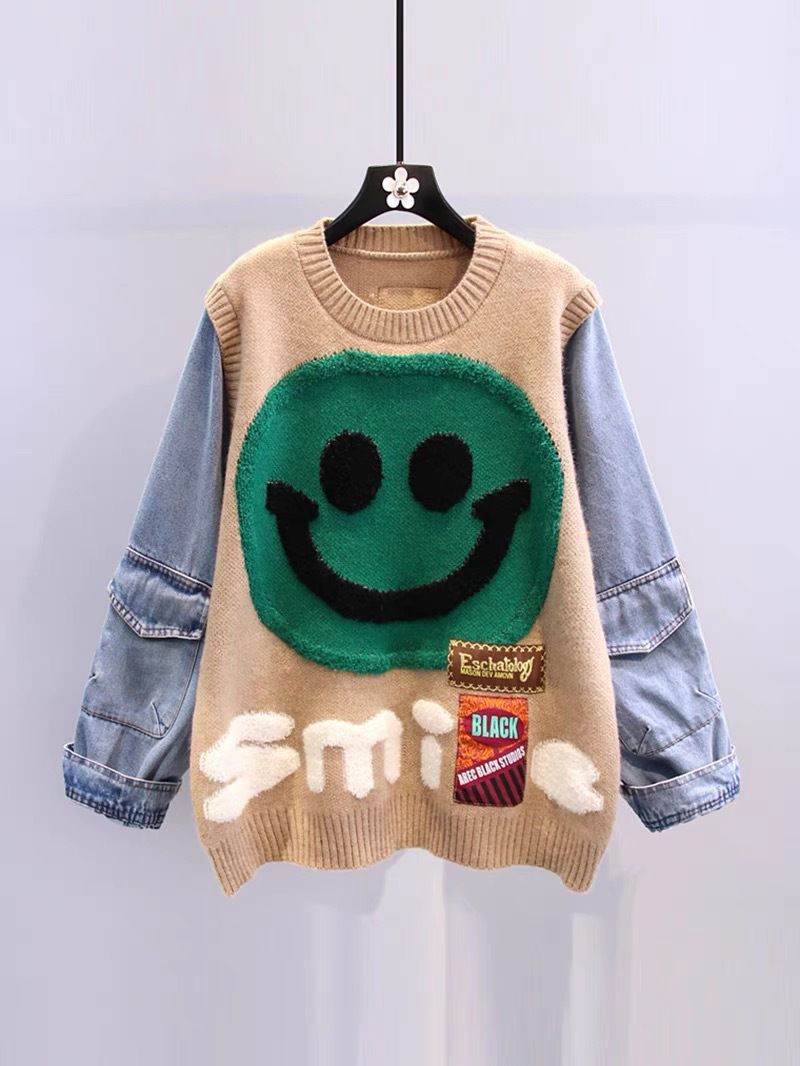 Y2k Aesthetic Smiley Face Color Block Knit Denim Sweatshirt Clothing –  sunifty