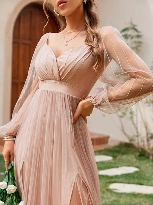 Semi See Through Mesh Pleated Tulle Overlay Long Sleeve Bodycon Sundress