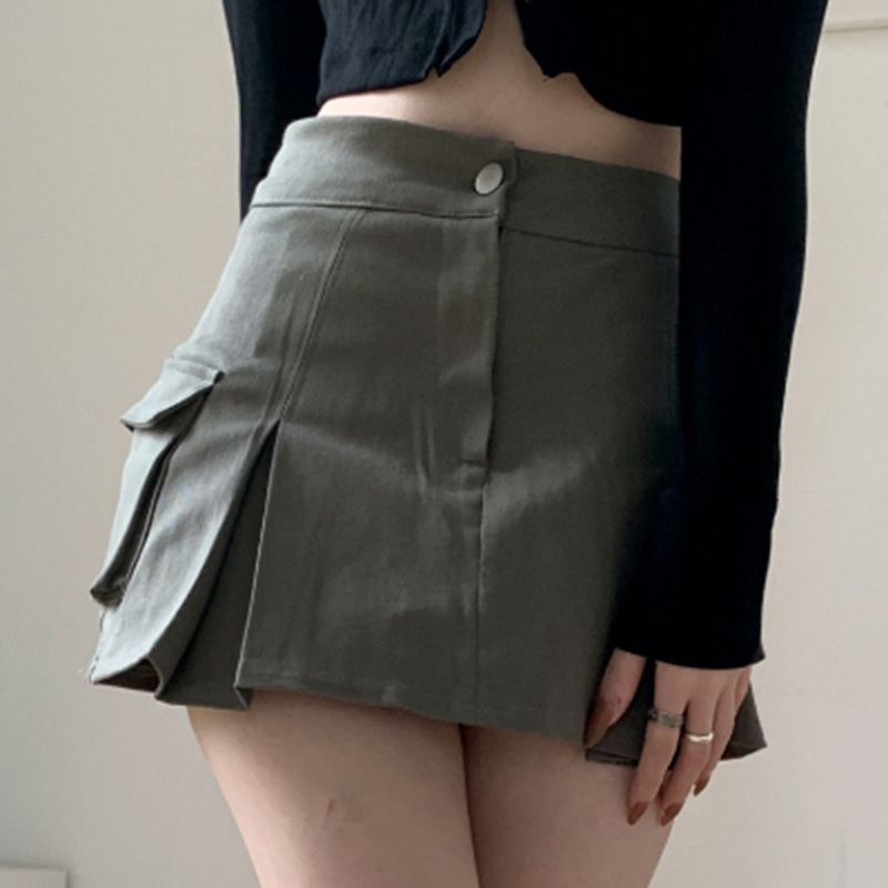 Steam Punk Utility Mini Cargo Pocket Pleated Denim Skirt