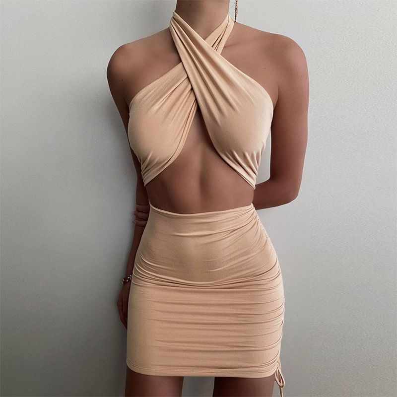 Side Shirring Criss Cross Front Wrap Halter Neck Dress Cut Outs – sunifty