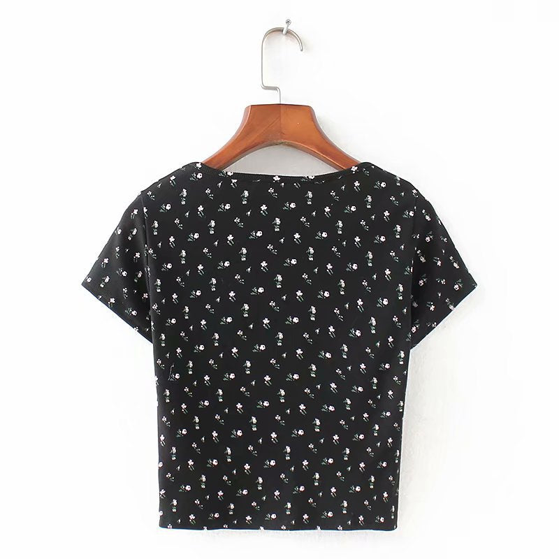 Ribbed Floral Short Sleeve Button Up Crop Top Tee Shirt – sunifty