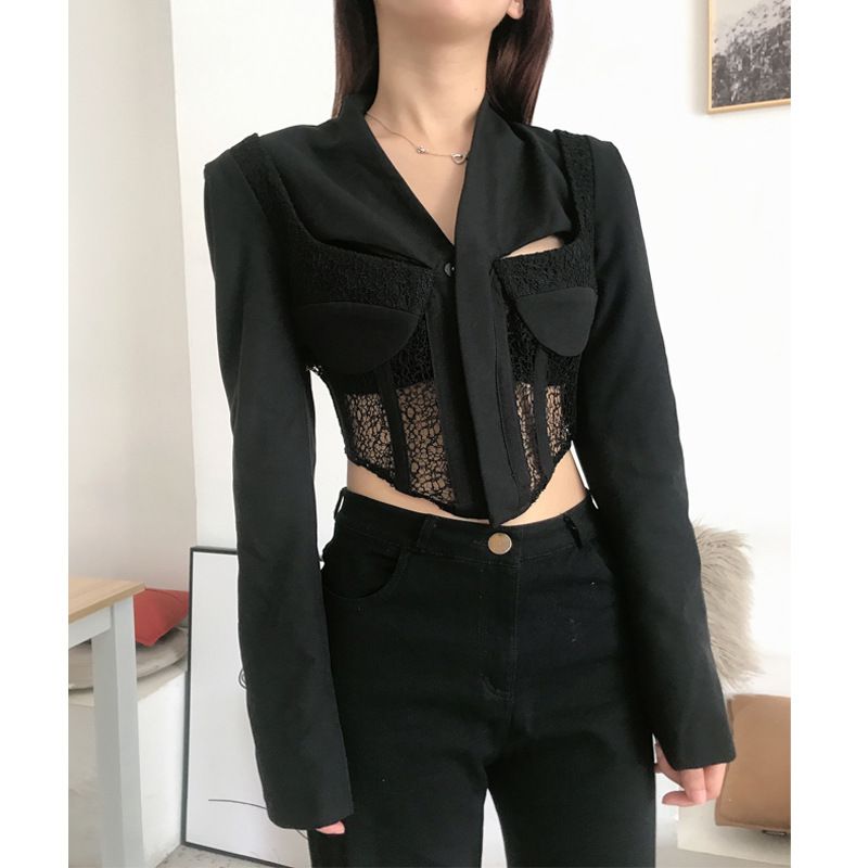 Slim Fit Tailored Blocked Mesh Lace Cropped Corset jacket – sunifty