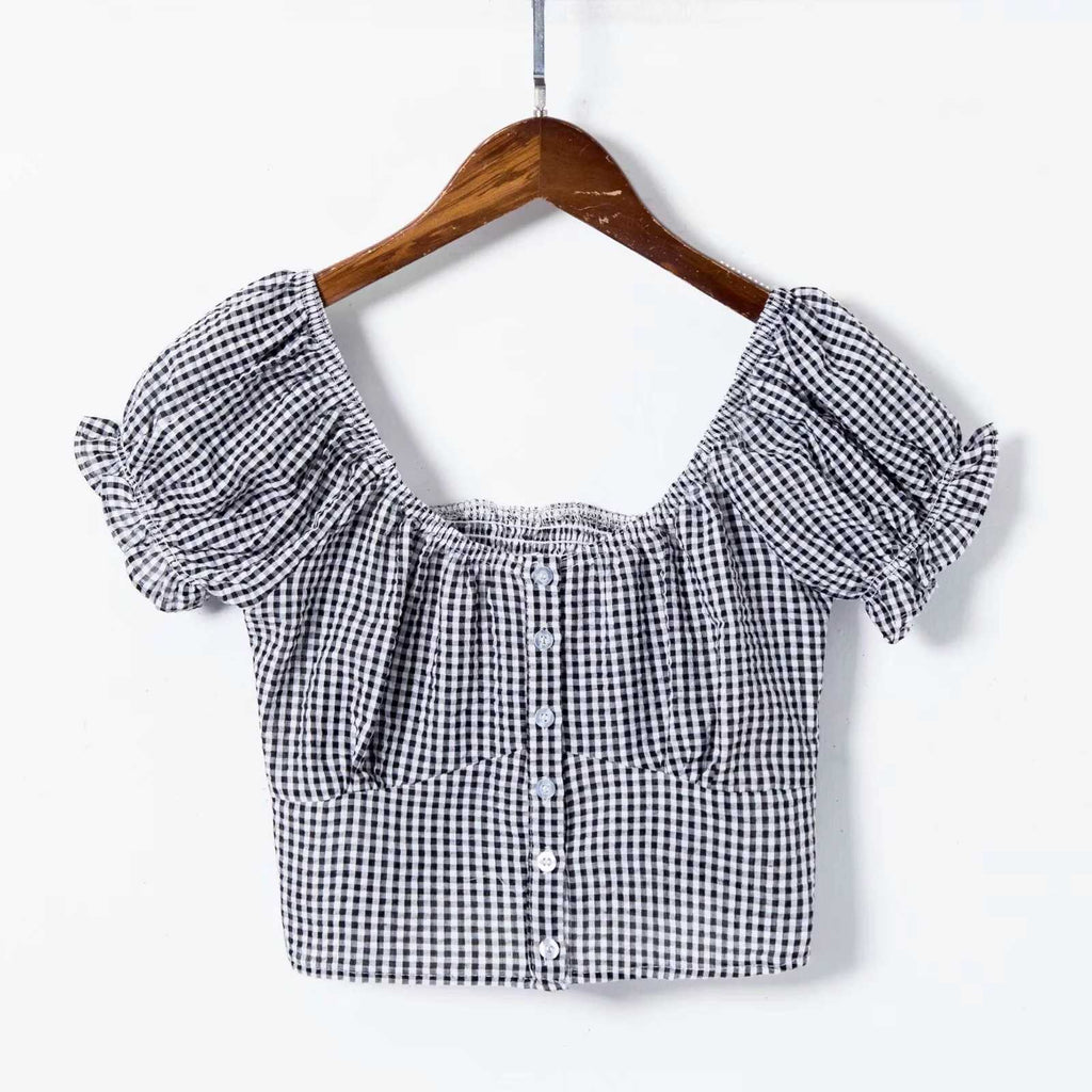 Vintage Smocked Cupped Bustier Puff Sleeve Checked Button Up Blouse ...