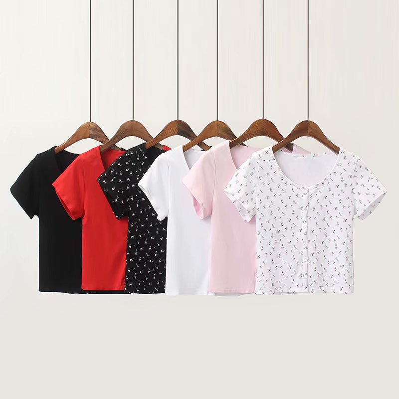 Ribbed Floral Short Sleeve Button Up Crop Top Tee Shirt – sunifty