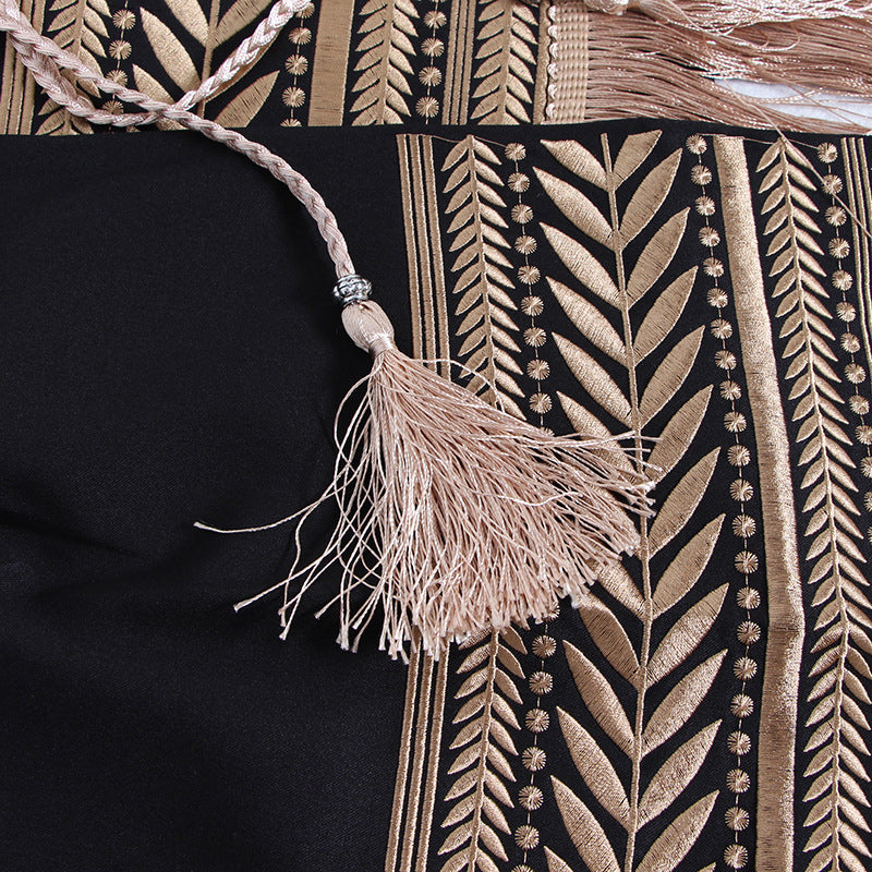 Boho Aztec Embroidery Tailored Contrast Tie Fringe Asymmetric Longline Blazer Dress With Tassels