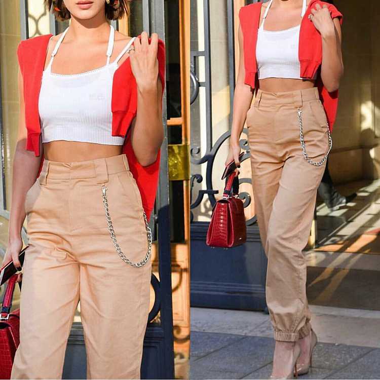 High Waisted Baggy Carrot Trousers Cargo Pants with Chains, S / Khaki