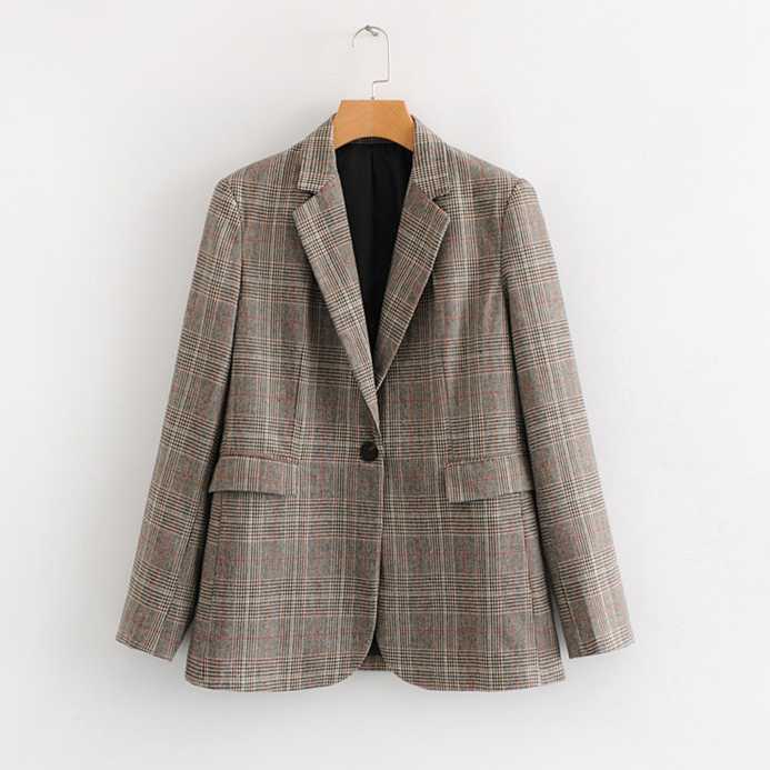 Designer One Button Tartan Plaid Womens Checked Blazer Jacket