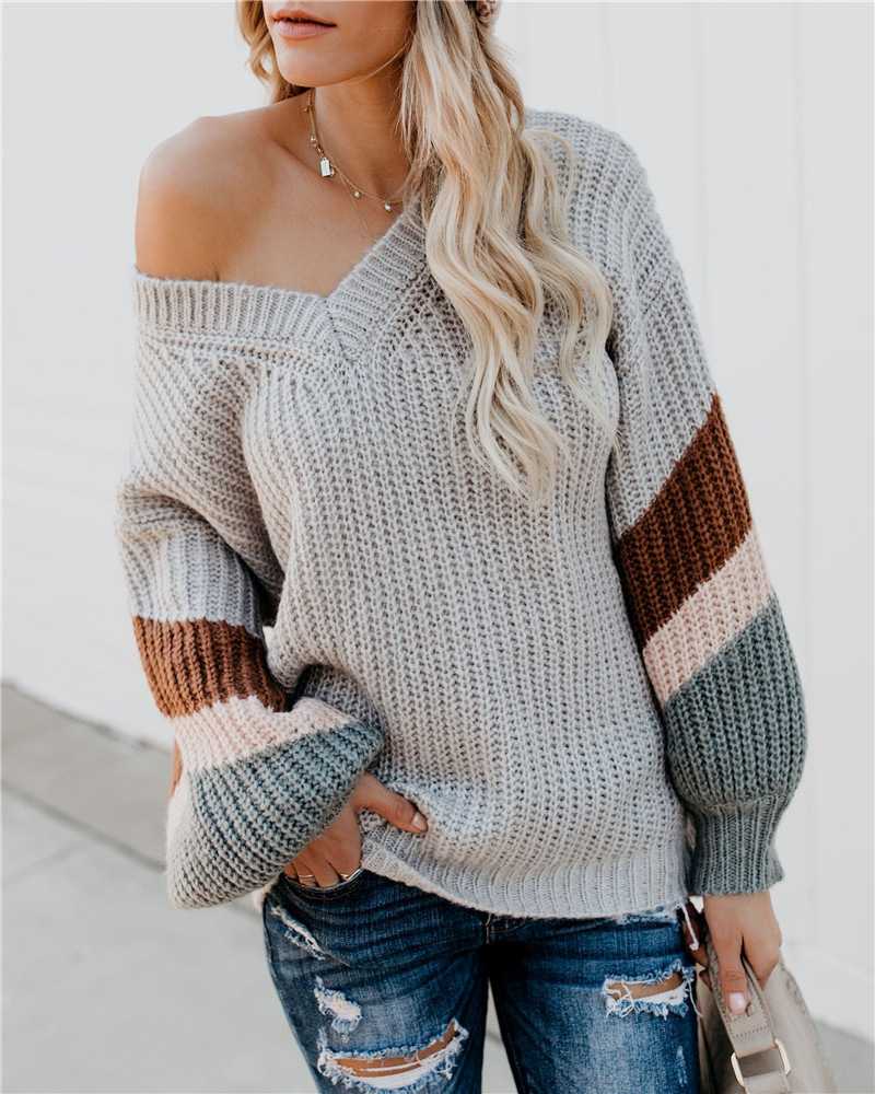 Oversized Color Block Chevron Stripes Off The Shoulder Knit