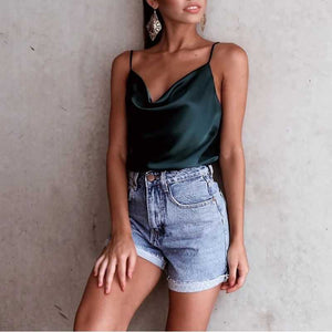 Relaxed Adjustable Spaghetti Strap Cow Neck Silk Satin Cami Camisole T –  sunifty