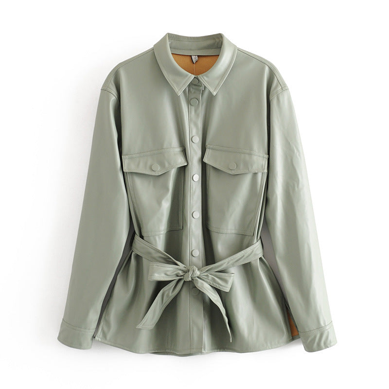 Green Faux Leather Shirt Jacket With Tie Waist Belt – sunifty