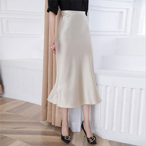 High Waisted Trumpet Hem Flare High Rise Satin Midi Skirt For Thick Th ...