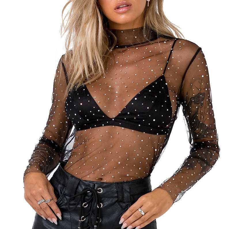 Chic Sparkle Embellished Sheer Mesh Sequin Top Tees – sunifty