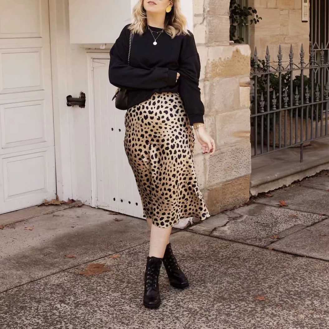 Retro Elastic Band High Waisted Leopard Print Satin Midi Skirt – sunifty