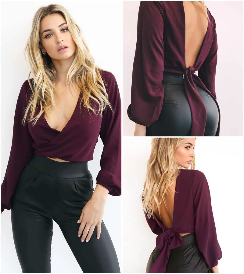 Oversized Open Back Tie Women's Crossover Front Long Sleeve Top