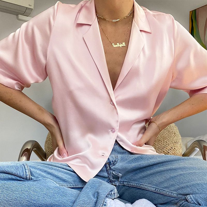 Solid Lapel Neck Satin Shirt for Women - Elegant Short Sleeve