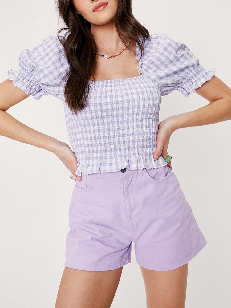 Gingham Checked Ruffle Hem Shirred Crop Top Blouse