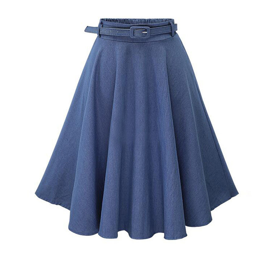 Classy Belted Waist High Waisted Full Midi Denim Skirt – sunifty