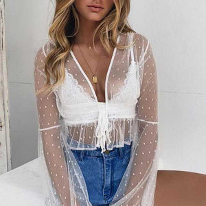 Dotted Tie Front Plunge White Sheer Mesh Lace Peplum Top Blouse – sunifty