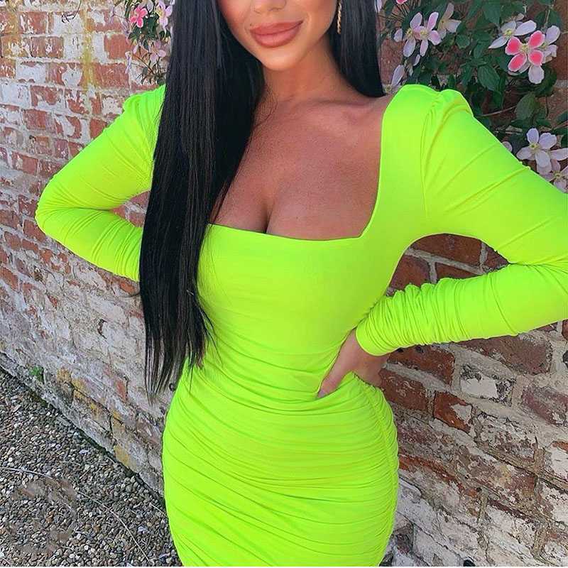 Charming Square Neck Tight Long Sleeve Ruched Bodycon Dress – sunifty