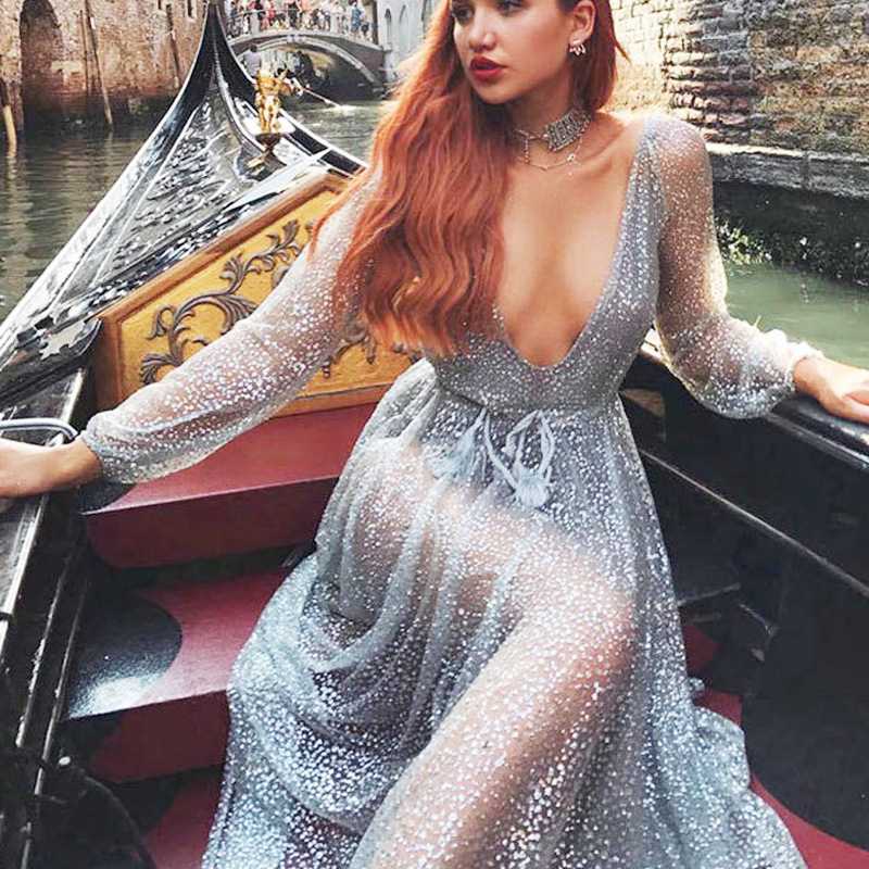 Plunge Long Sleeve Sheer Mesh Party Dress