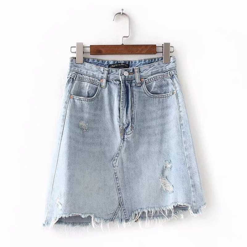Vintage Washed Distressed Notched Light Denim Mini Skirt