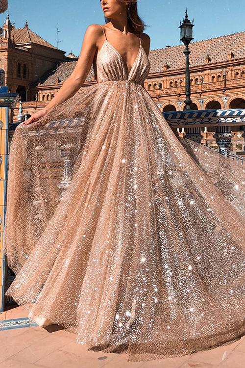 Sparkly Plunge Sequin Mesh Overlay Long Backless Prom Gown Dresses – sunifty