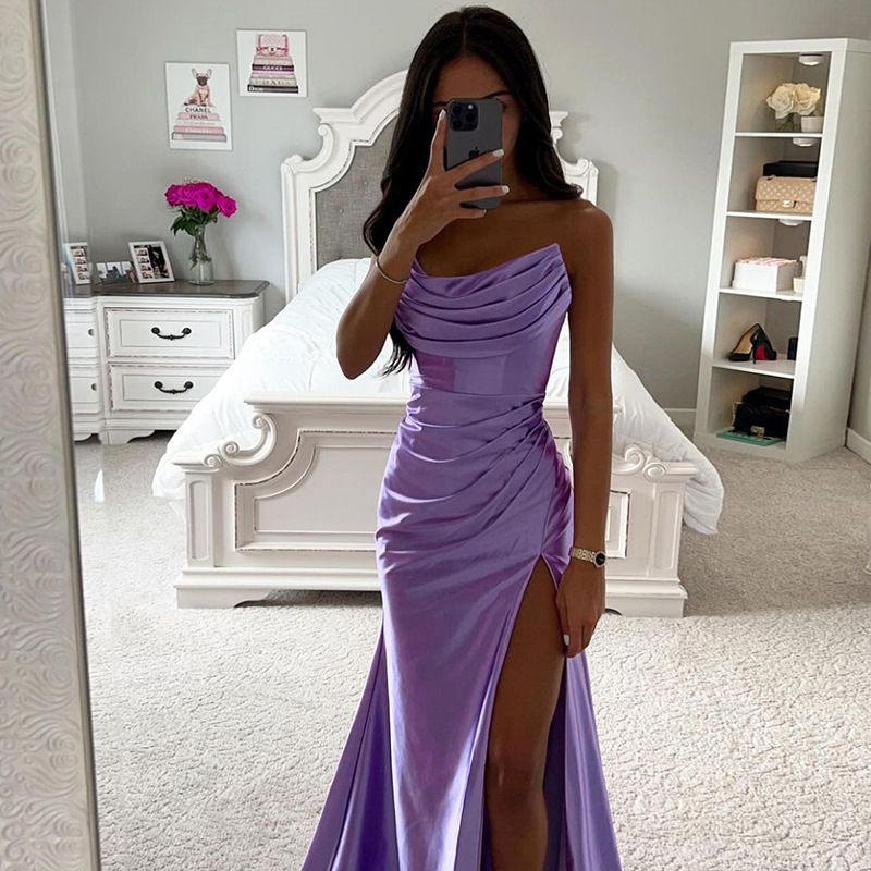 Fabulous Ruched Satin Silky Homecoming Prom Dress With Slit – sunifty