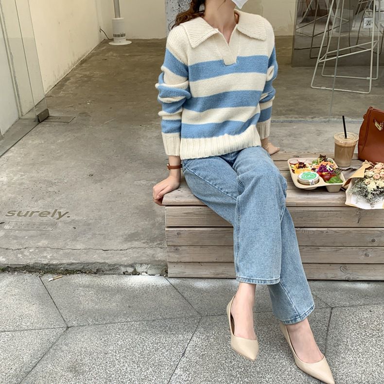 Relaxed Boxy Fit Striped Collared Polo Shirt V-Neck Knit Cotton Jumper Sweater