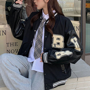 Girls black embroidered varsity bomber jacket