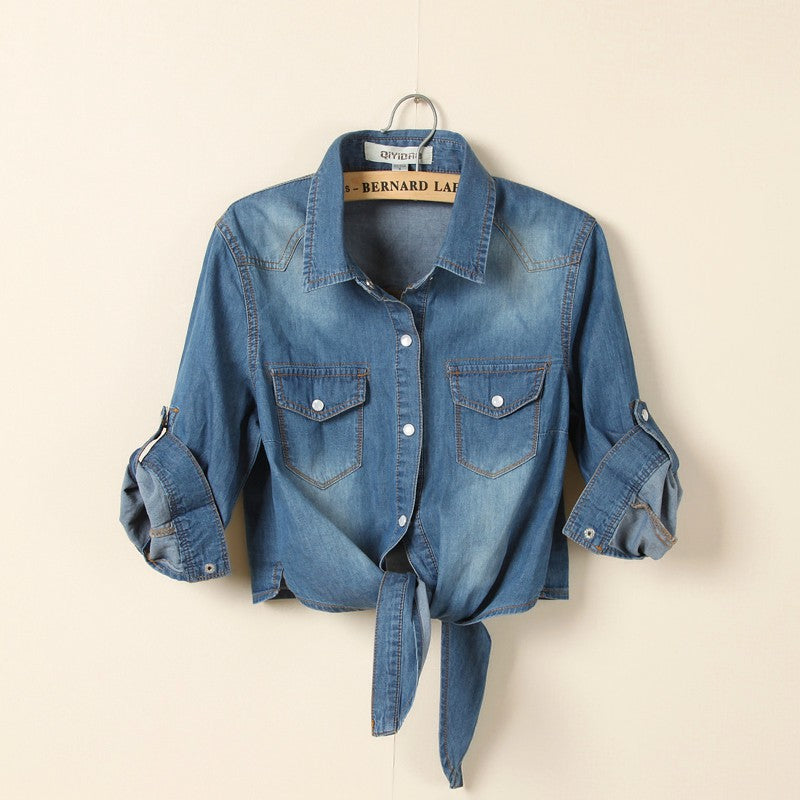 Front Tie Knot Denim shirt Crop Top Jean Blouse – sunifty